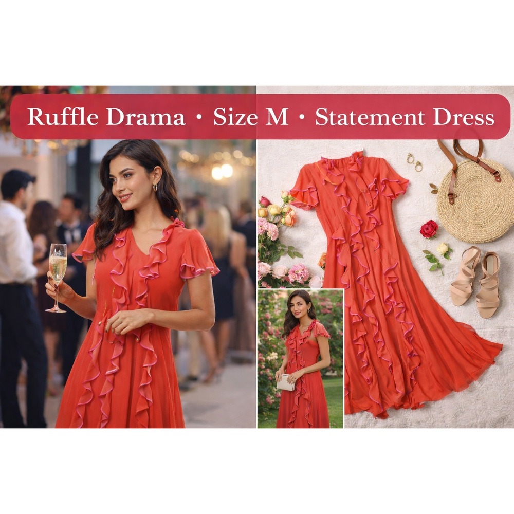Unbranded Coral Flounce Dress M Pink Trim‎ Short Sleeves Side Zip Coquettecore